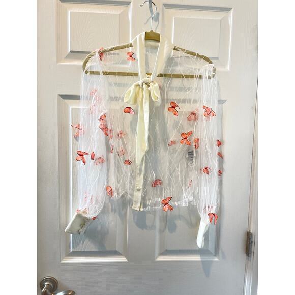 Unique Vintage 3D Butterfly Blouse Long Sleeve Lace with Bow Collar Sz XS #34 - Picture 1 of 9